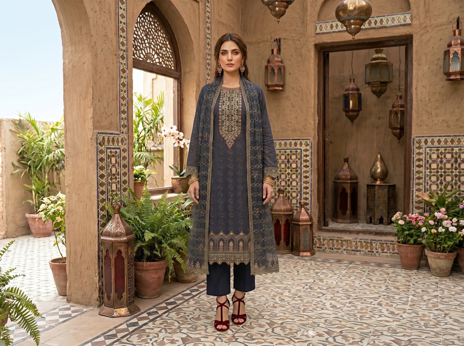 Woman wearing navy blue embroidered lawn 3 piece unstitched suit with sequins work and embroidered dupatta