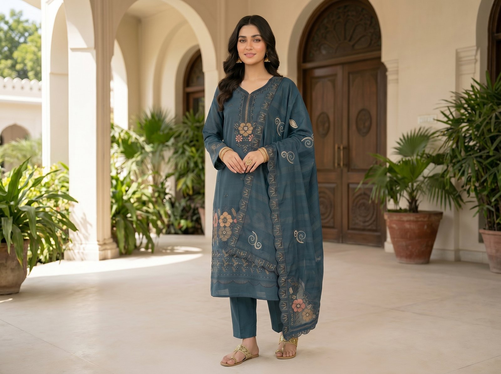 Woman wearing teal 4 piece suit with Chamki embroidery, boring daman detailing, and dyed cotton trousers