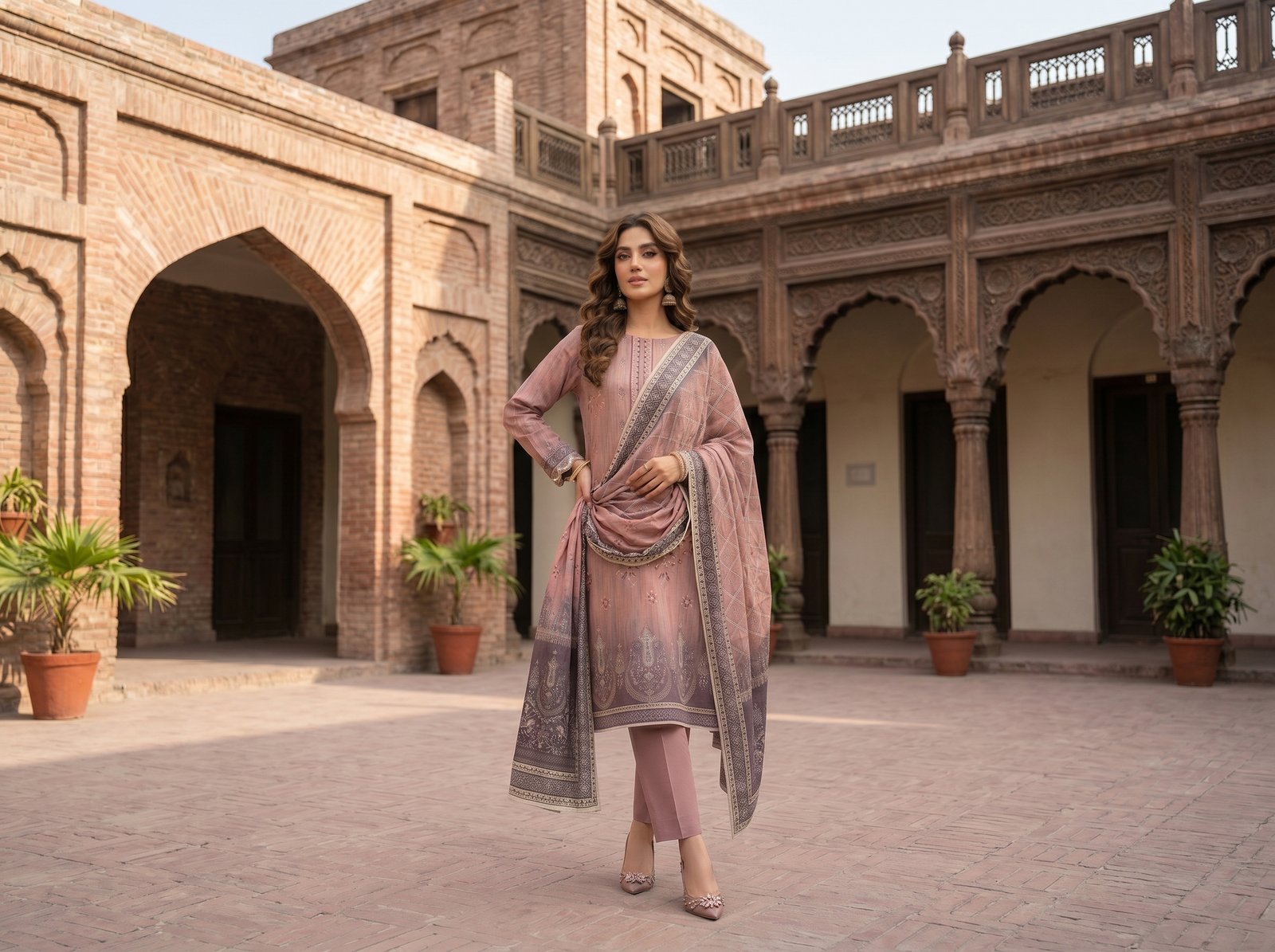 Dusty rose Banadora 3 piece suit with Malai Voil dupatta and dyed cotton trouser for women.