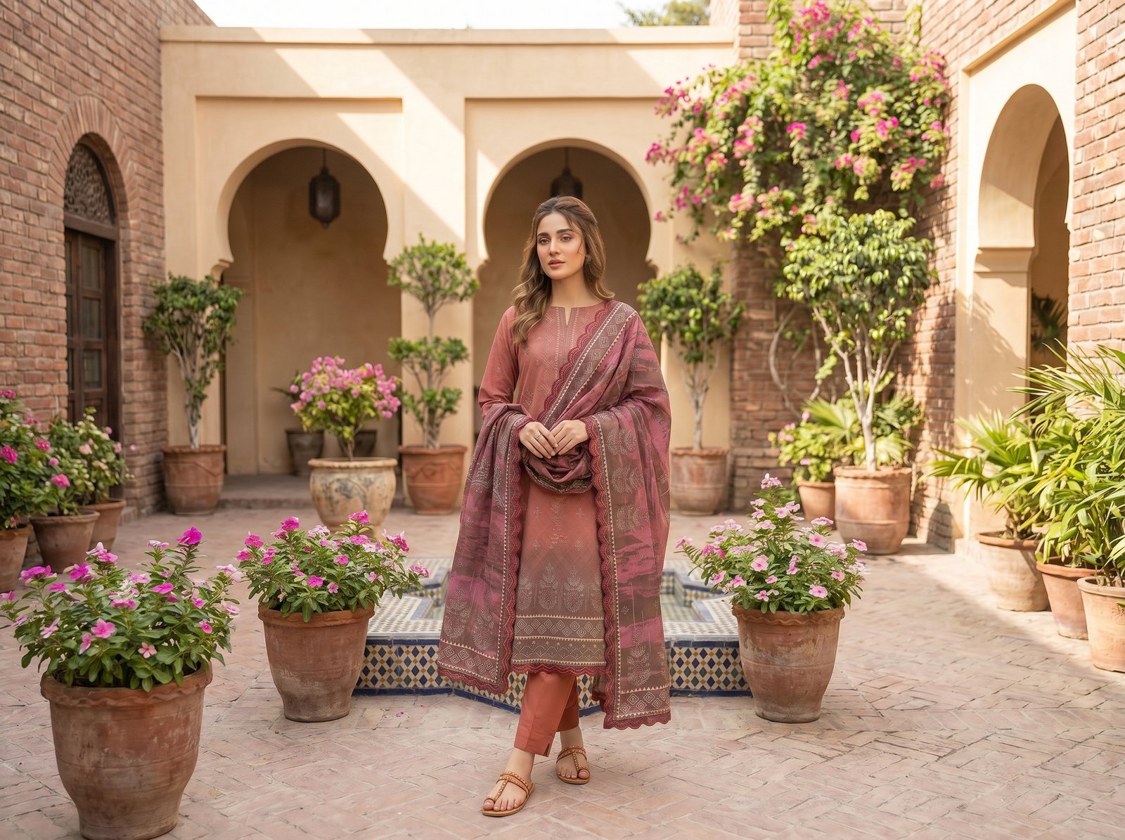 Zinc Banadora 3 piece suit with Malai Voil dupatta and matching dyed cotton trouser for women.