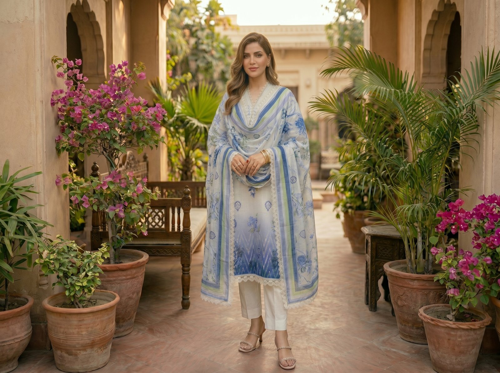 Sky Mist lawn digital print unstitched suit with diamond milky lace and floral printed dupatta for women.