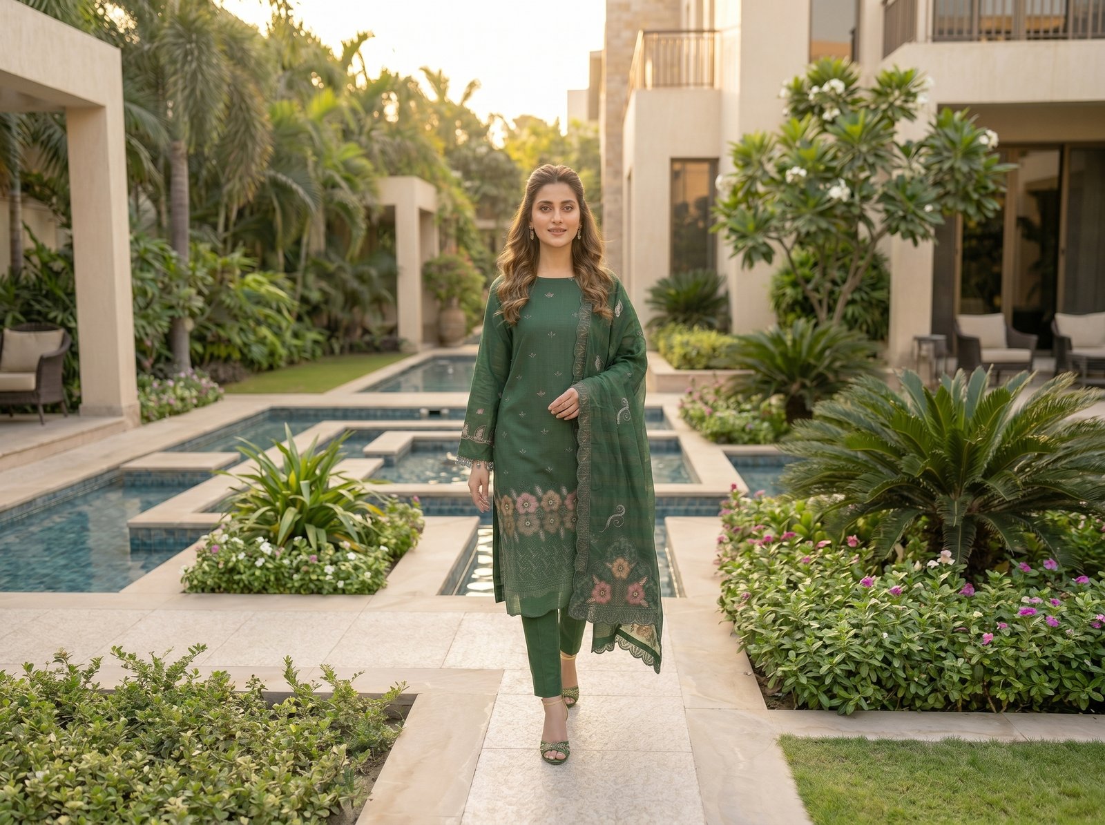 Mehndi green 4 piece suit with chamki embroidery, boring daman detailing, and matching dupatta for women.