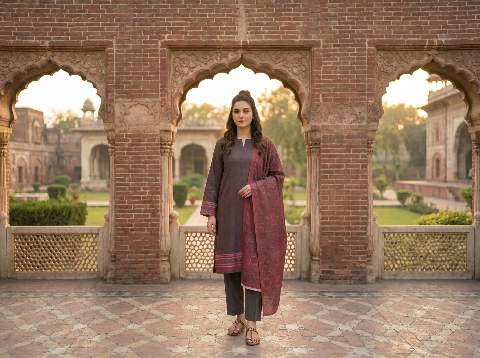 Maroon printed lawn 3 piece suit with matching printed lawn dupatta and trouser fabric for women.