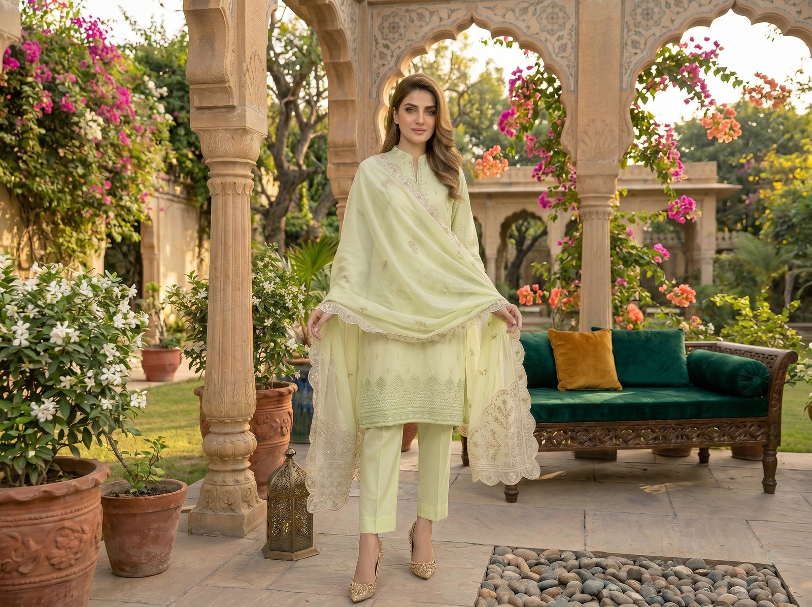 Pastel pistachio dyed lawn 3 piece suit with light chamki embroidery, embroidered front and sleeves, fancy bamber dupatta, and plain trouser for women.