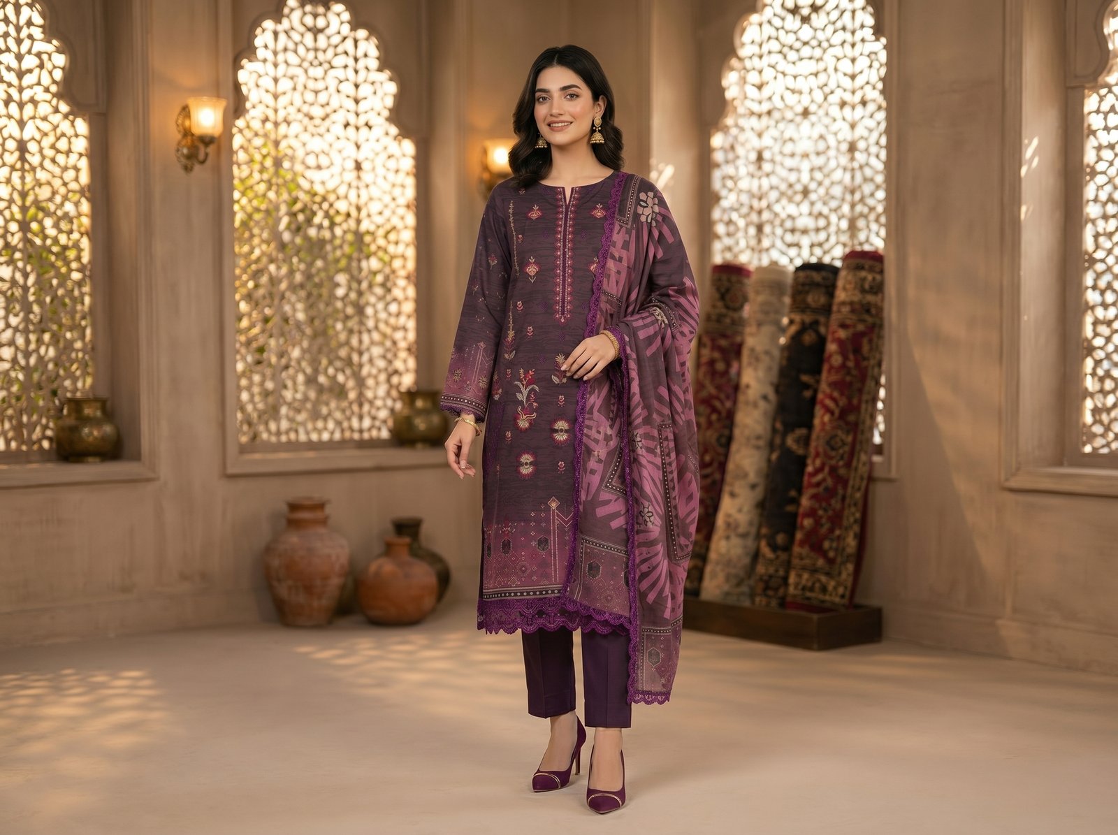 Woman wearing plum beige digital printed Banadora 3 piece suit with Malai voile dupatta and dyed cotton trousers