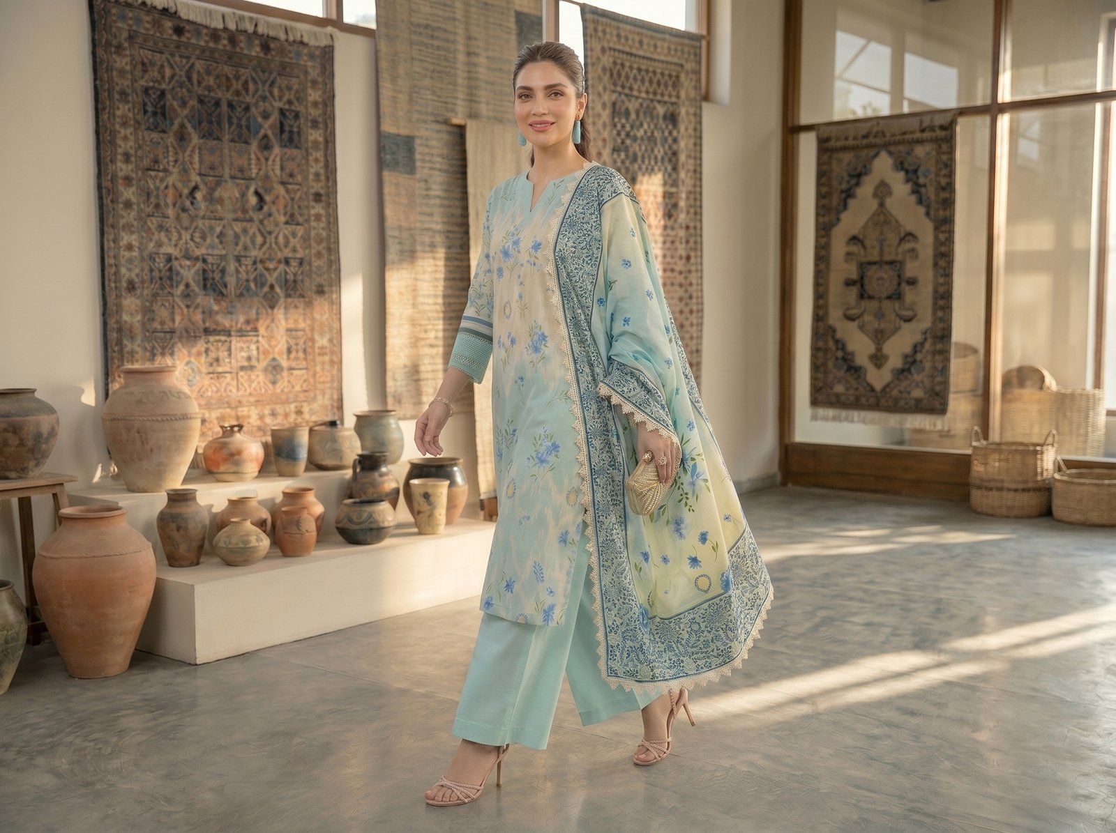 Sky blue premium lawn digital print unstitched suit with floral print and diamond milky lace dupatta for women.