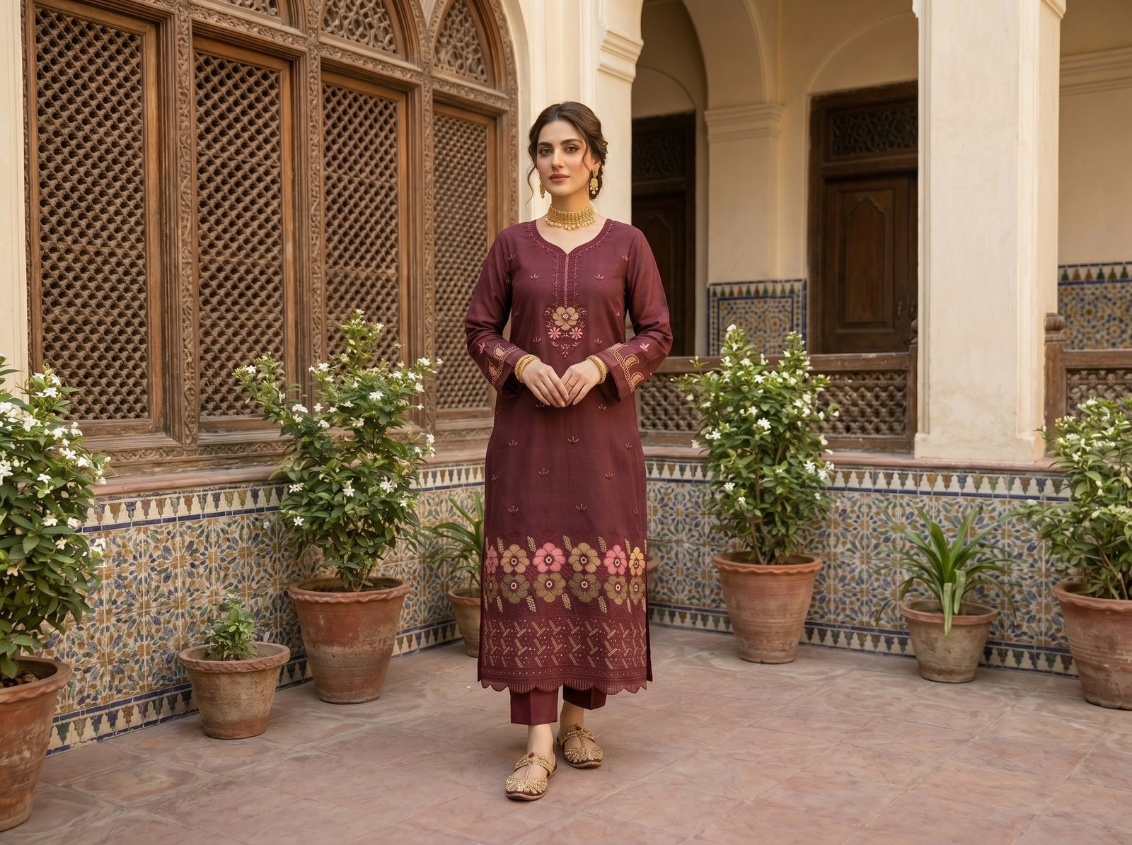 Woman wearing maroon 4 piece suit with Chamki embroidery, boring daman detailing, matching dupatta, and dyed cotton trousers