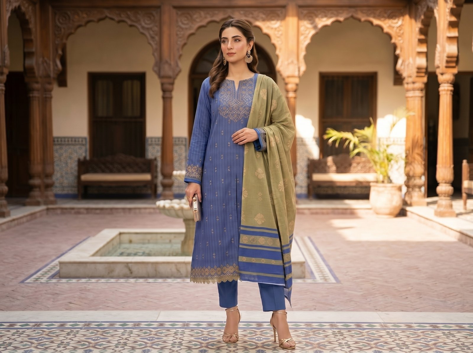 Woman wearing blue Chunri lawn 3-piece suit with printed lawn dupatta and dyed cambric trousers