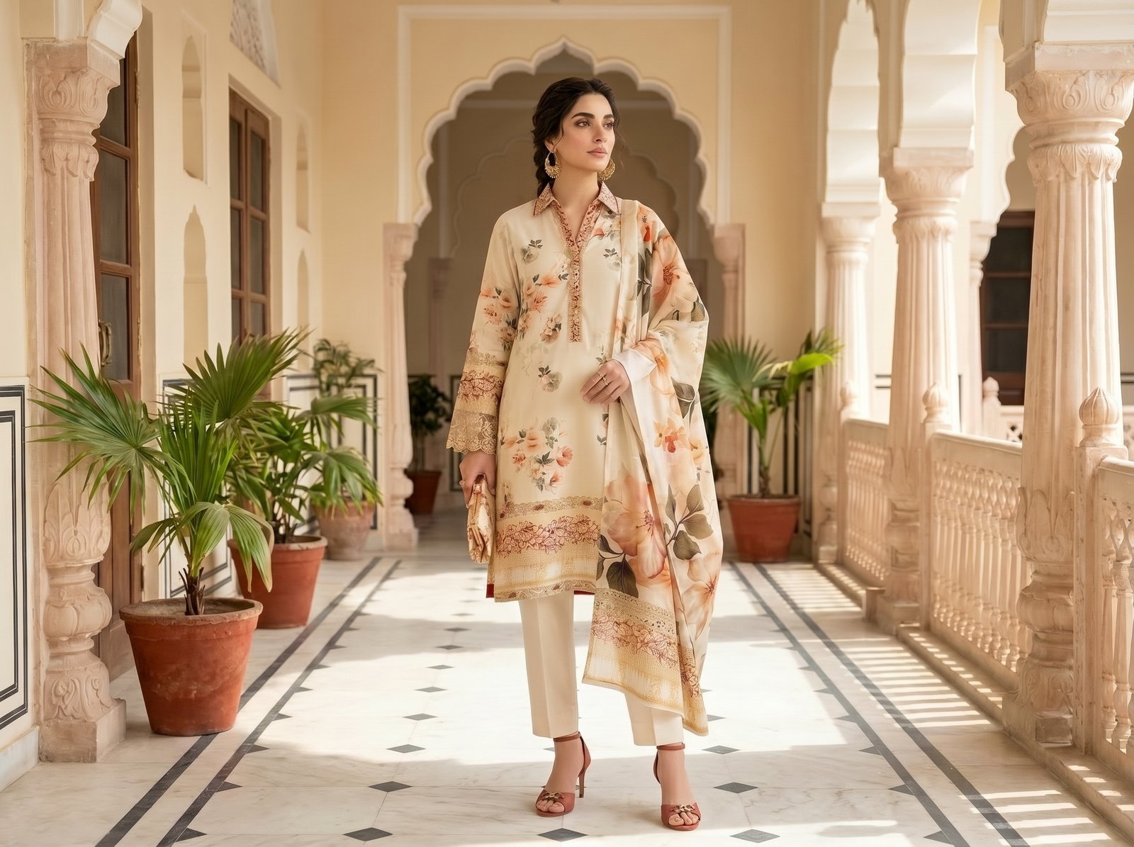 Woman wearing cream premium lawn digital print 3-piece suit with voile digital print dupatta and cotton dyed trousers
