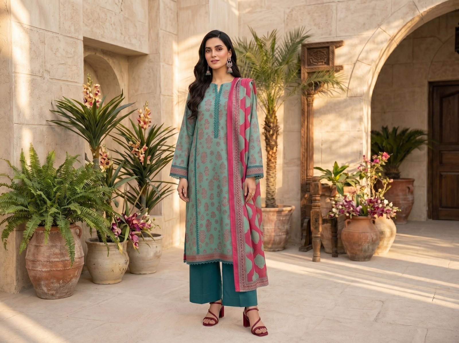 Woman wearing elegant printed lawn shirt with printed lawn dupatta and dyed cambric trousers in a stylish 3-piece suit