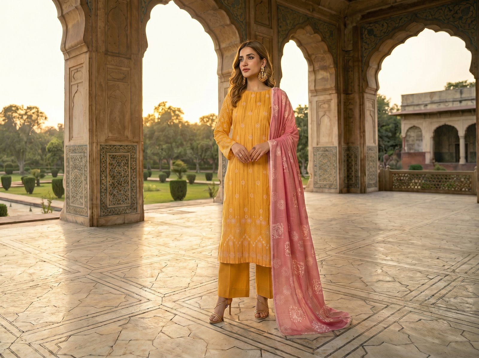 Woman wearing mustard yellow Chunri lawn 3-piece suit with pink printed dupatta and matching trousers