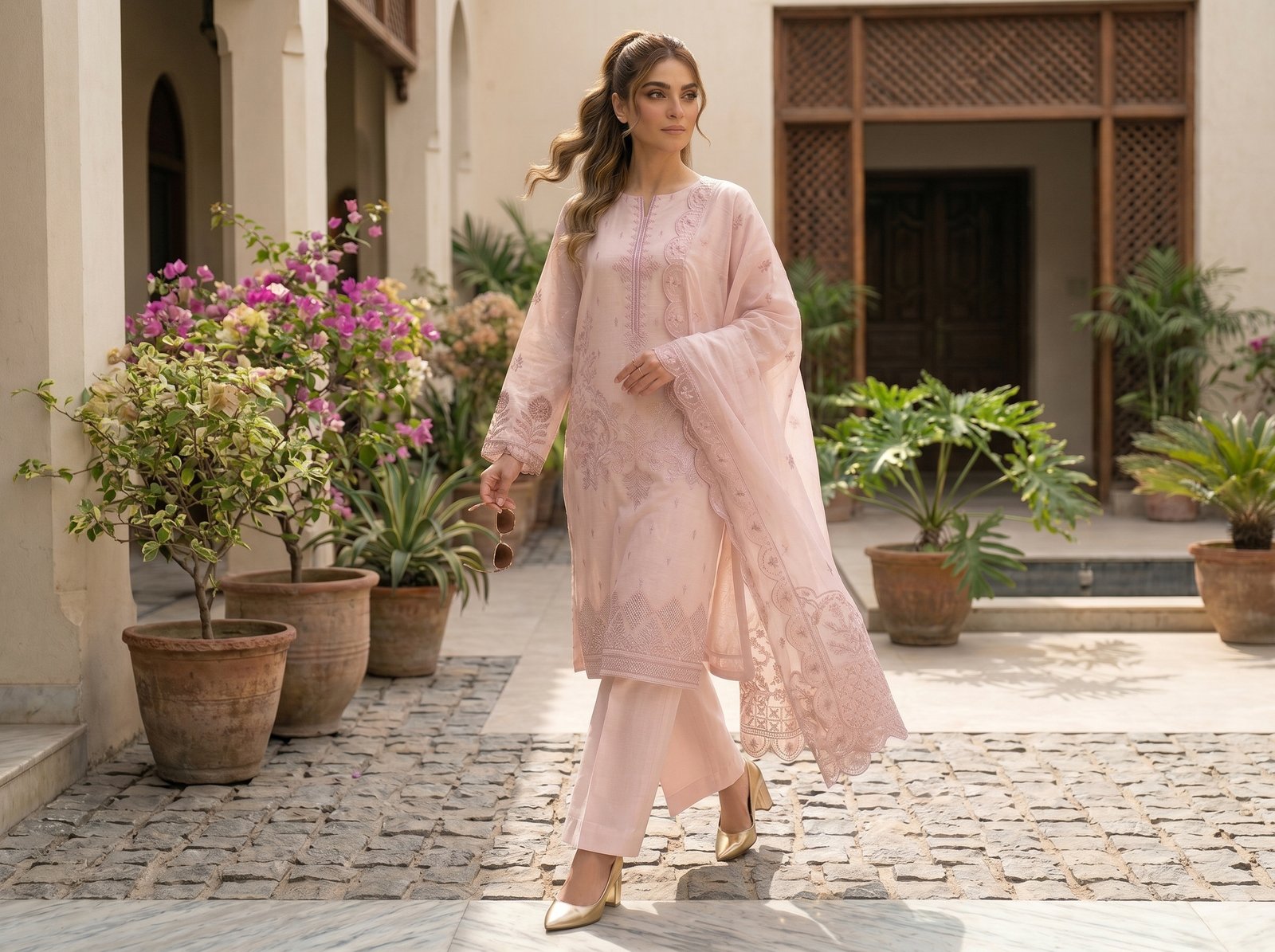 Baby pink dyed lawn 4 piece suit with light chamki embroidery and fancy dupatta for women.