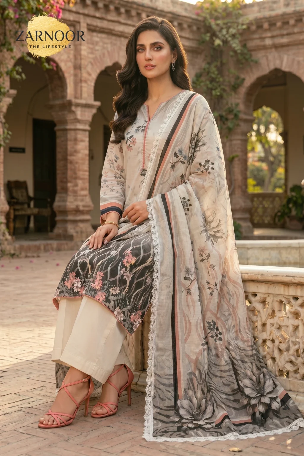 Sand beige digital printed 3 piece suit with floral printed dupatta and matching trouser fabric for women.