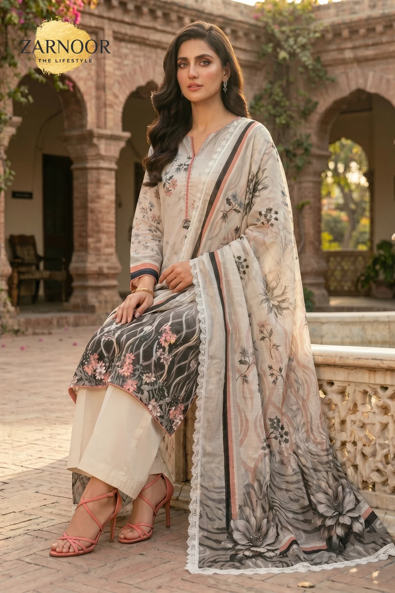 Sand beige digital printed 3 piece suit with floral printed dupatta and matching trouser fabric for women.