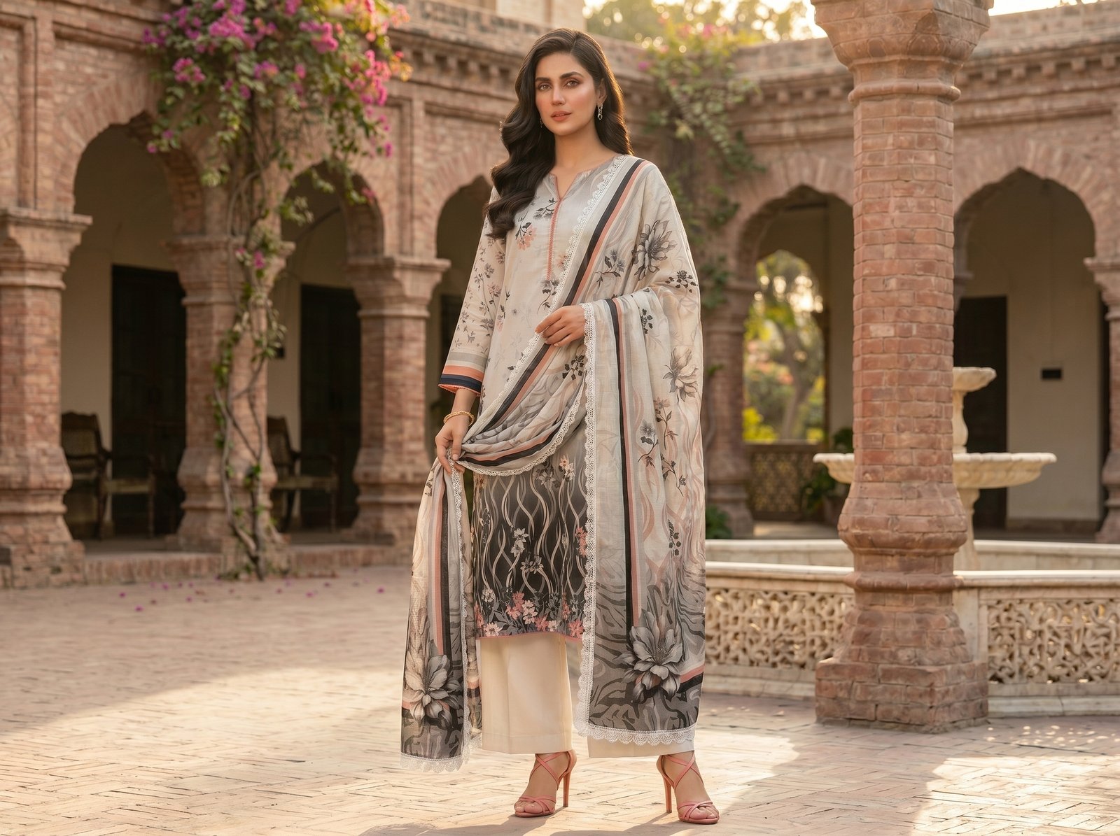 Sand beige digital printed 3 piece suit with floral printed dupatta and matching trouser fabric for women.