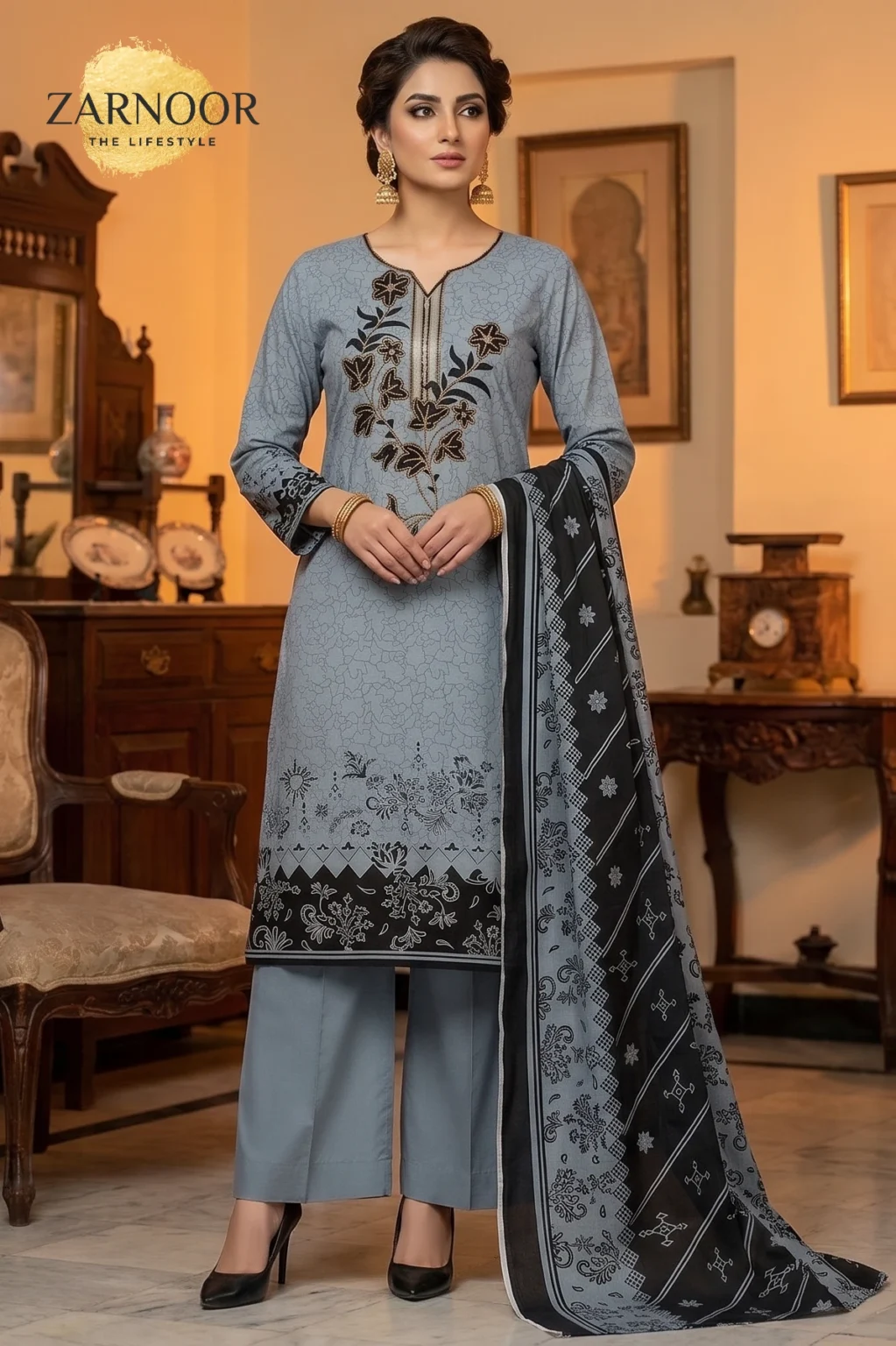 Gray & Black digital print embroidered 3 piece (1)