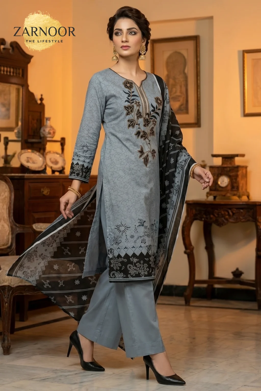 Gray & Black digital print embroidered 3 piece (2)