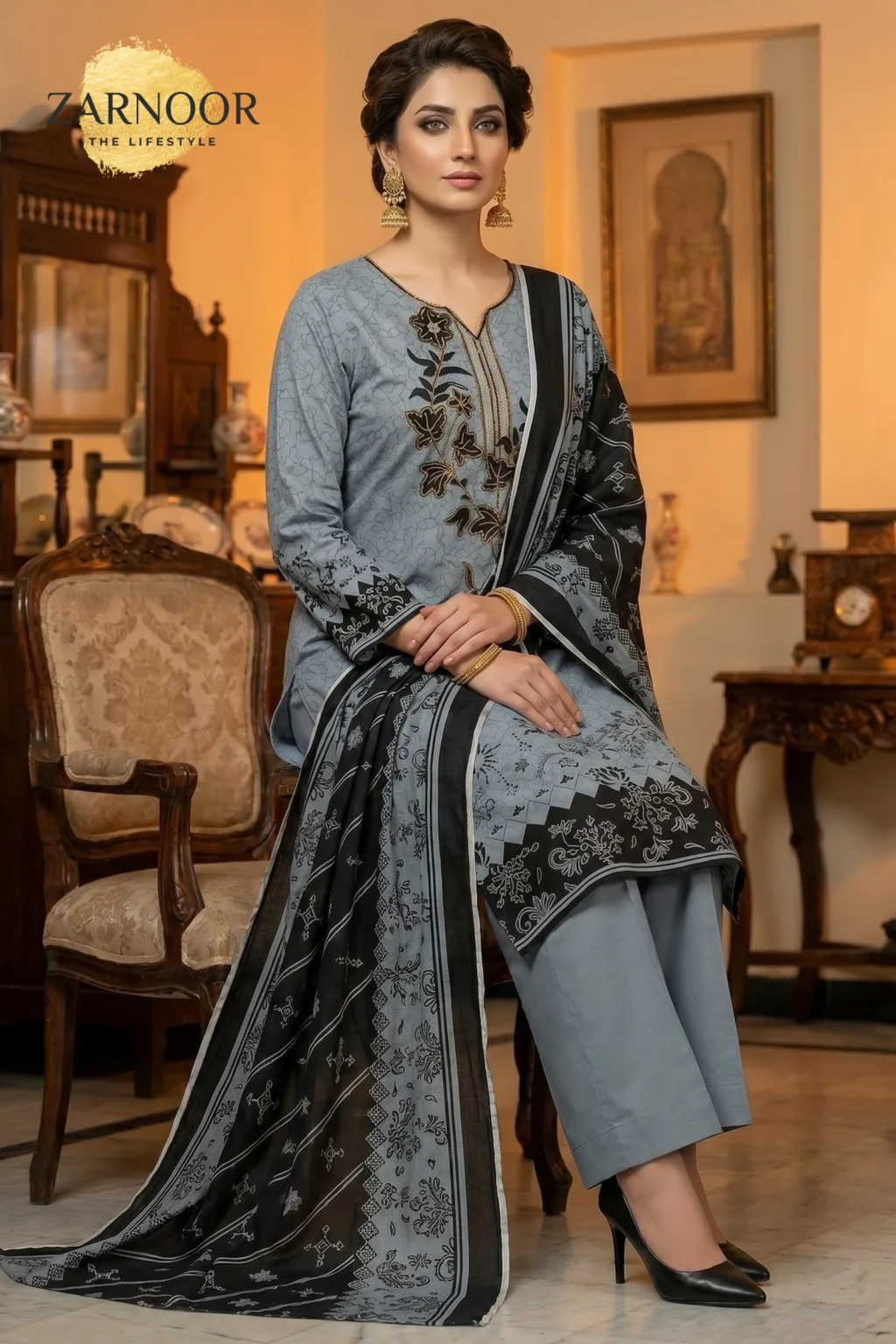 Gray & Black digital print embroidered 3 piece (3)
