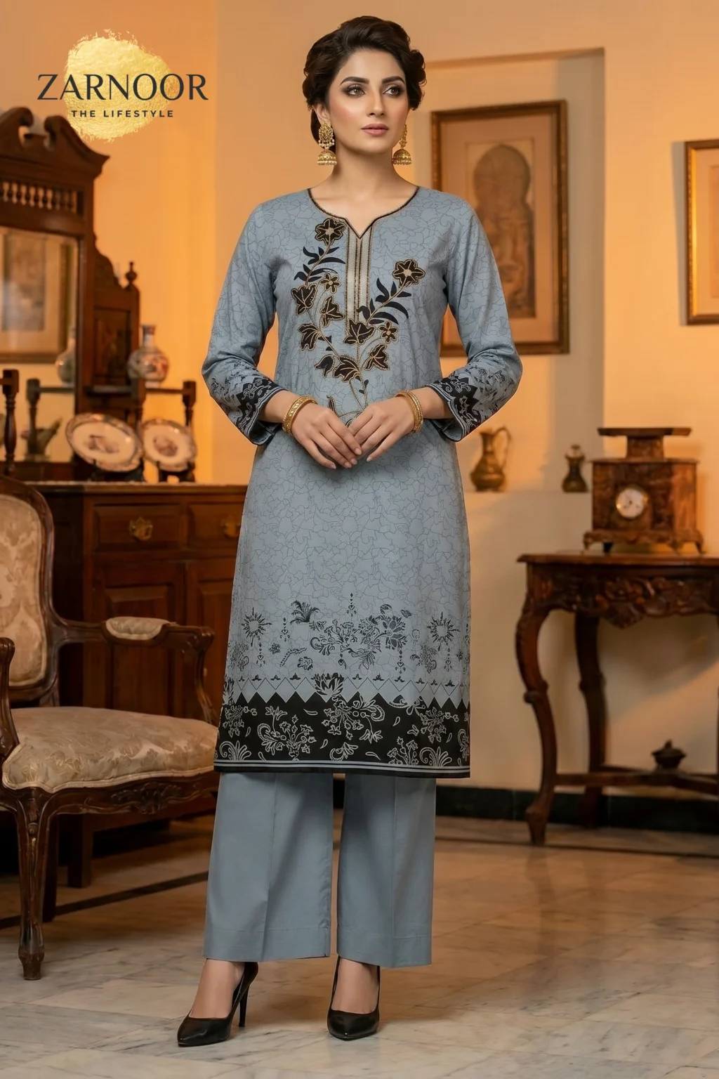 Gray & Black digital print embroidered 3 piece (4)